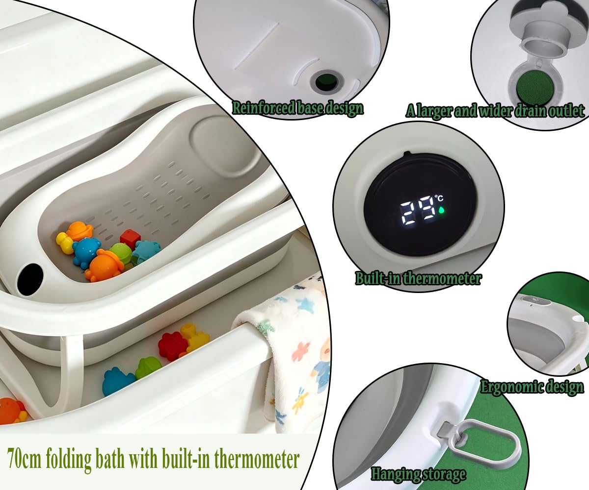 Bañera plegable para bebé con termómetro impermeable integrado, marco reforzado estable sin tambaleo, drenaje rápido, soporte de base aislante, bañera redonda ergonómica para bebé