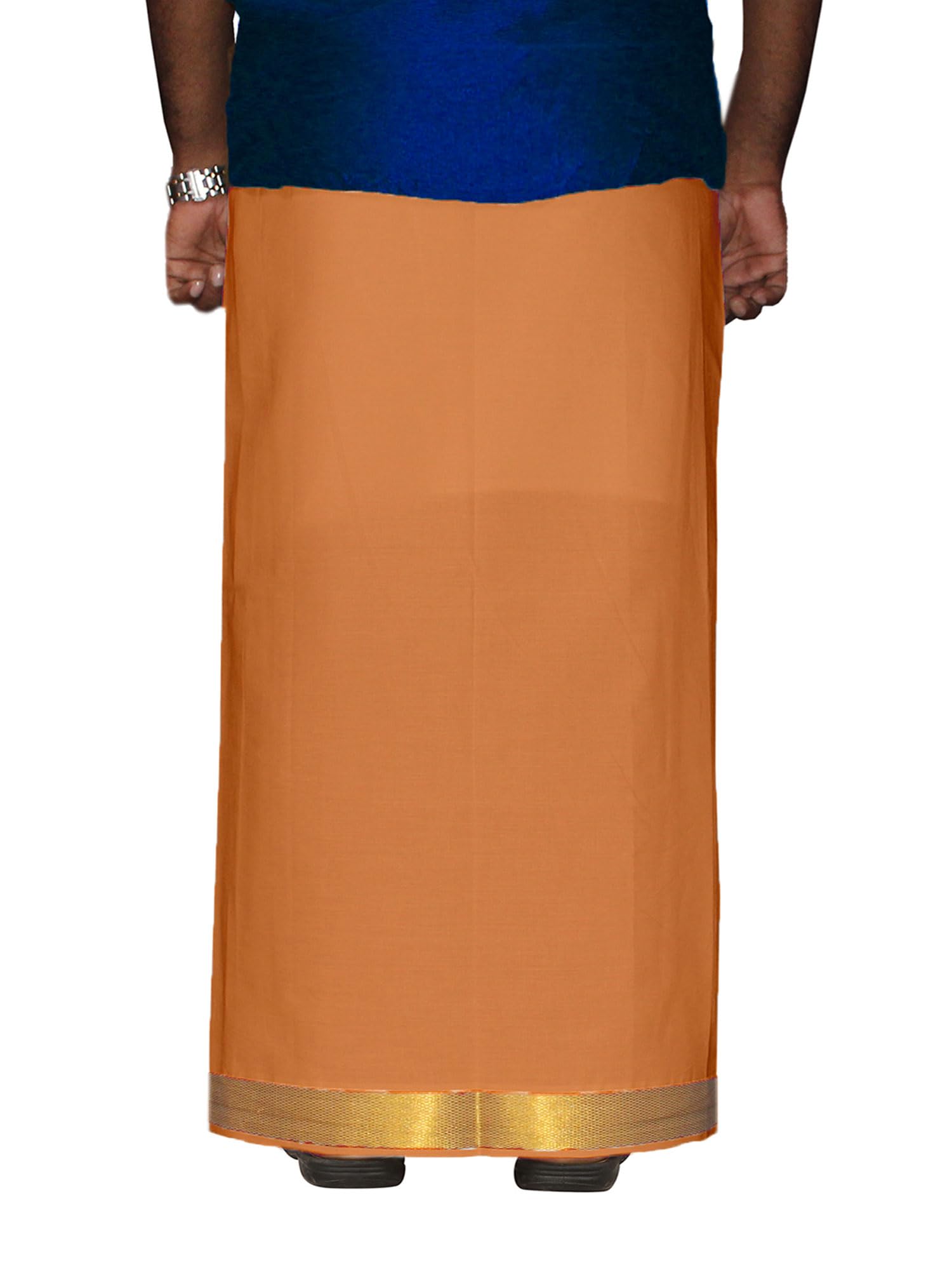 Prakasam Cotton Men's Kaavi Colour 2 Inch Gold Jari Border Welcro Pocket Dhoti/Size Hip -42 Inches- Length- 42 Inches