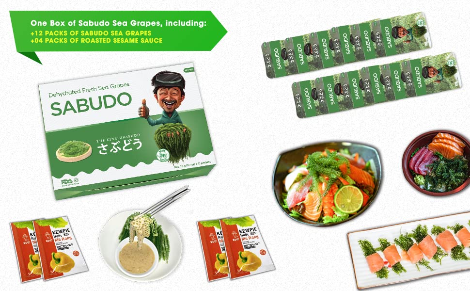 Sabudo Sea Grapes, Dehydrated Lato Seaweed, King Umibudo, Green Caviar, Superfood - The Pearl Of The Sea (0.7 oz x 12 packs)(Pack of 12)