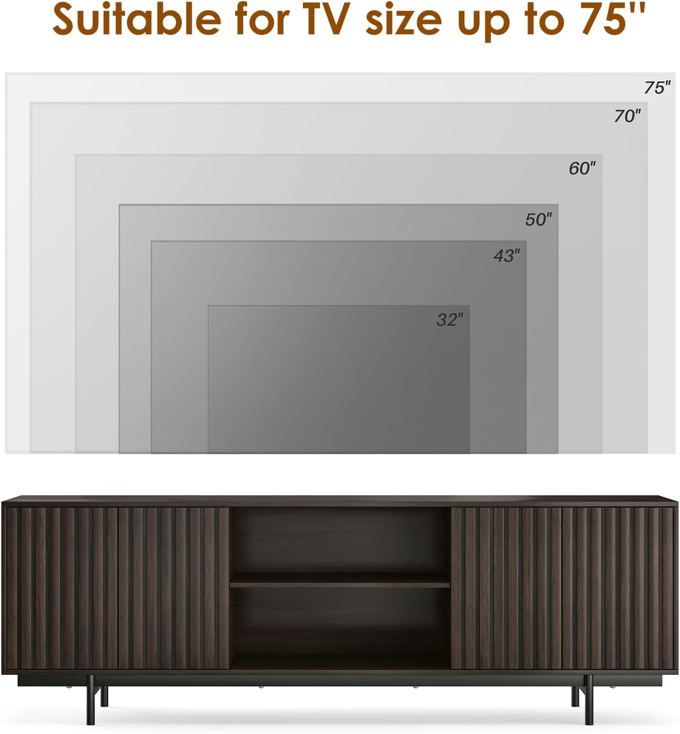 Soohow Mid Century Modern TV Stand for TVs Up to 75", Farmhouse Fluted TV Stand, Retro Wood TV Stand with Storage and Shelf, Entertainment Center with Pop-Up Doors for Living Room, Bedroom, Walnut