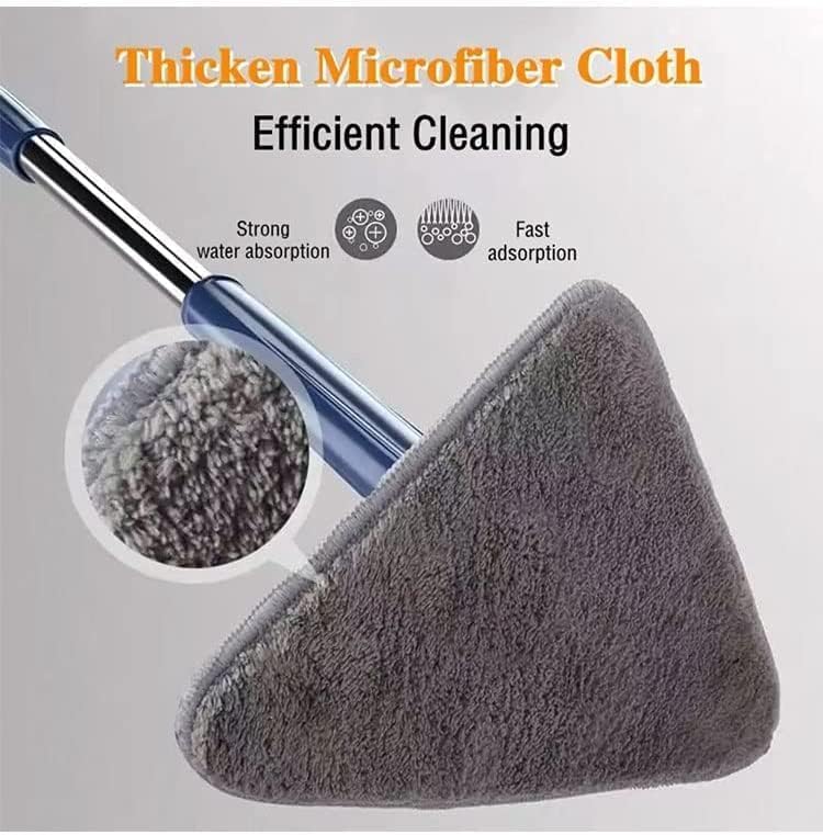 360° Rotatable Adjustable Cleaning Mop, Triangular Cleaning Mop Telescopic Scrubber Brush for Hardwood Windows Floor Wall Tile Triangle Mop Set with 6Pcs Cloth (Blue Mop)