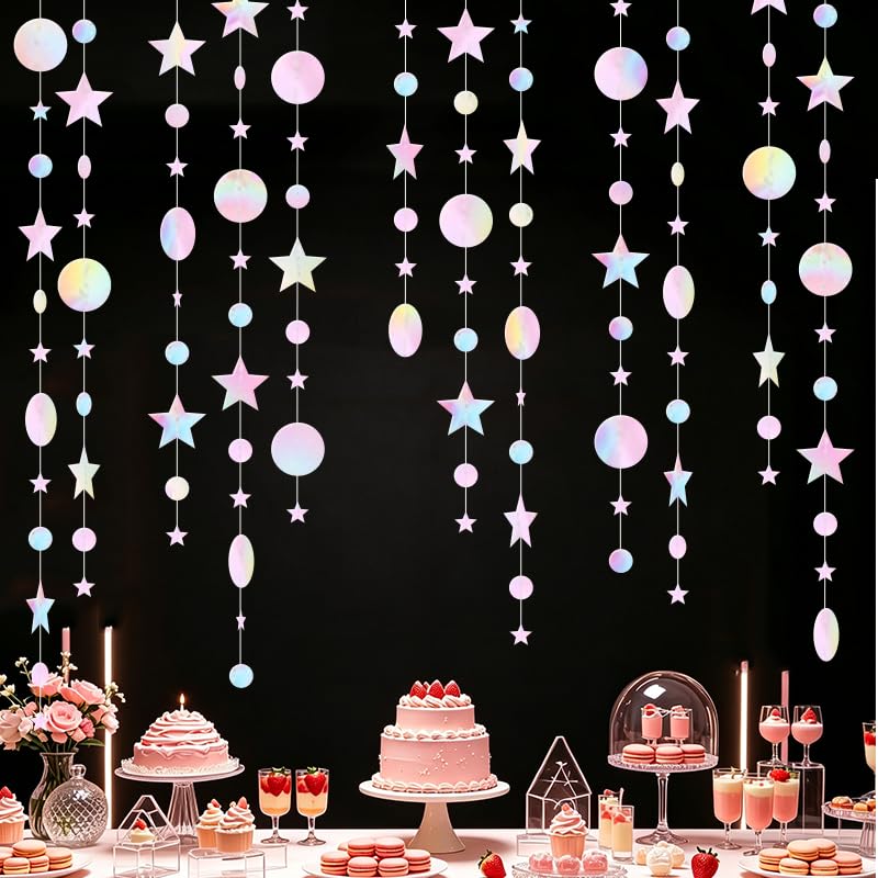 Image of Iridescent Pink Party Decoration Iridescent Pink Star Circle Dot Hanging Garland Streamer Decorations Glitter Star Bunting Banner Twinkle Backdrop for Wedding Baby Shower Birthday Christmas