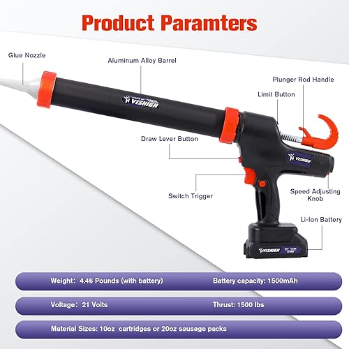 Miniatura 8 de VISHIGH Pistola de calafateo inalámbrica, pistola eléctrica de calafateo de 21 V y pistola adhesiva para cartuchos de 10 oz-20 oz/10.1-20.3 fl oz y