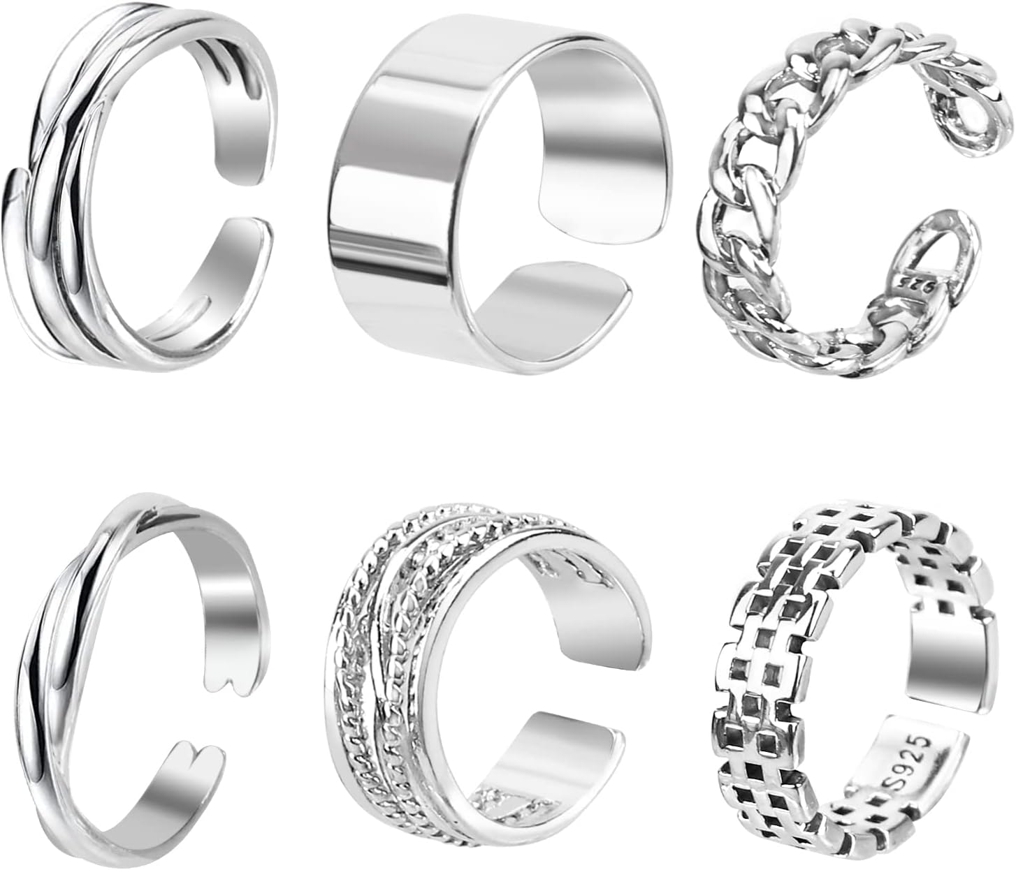 6pcs Open Adjustable Rings Set Unisex Stacking Ring Stackable Jewelry Gift Finger Rings for Women Men Girls Boys