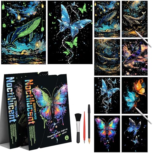adult crafts glow in the dark scratch art rainbow painting paper 8 sheet with tools landscape scratchboard for teens amp adults fun creative craft toygiftsdecora4-noctilucent butterfly whale