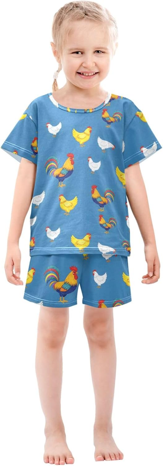 Pajama Short Sets Cartoon Animals Cotton Sleepwear with Pockets Short Sleeve PJS Loungewear 5-14T