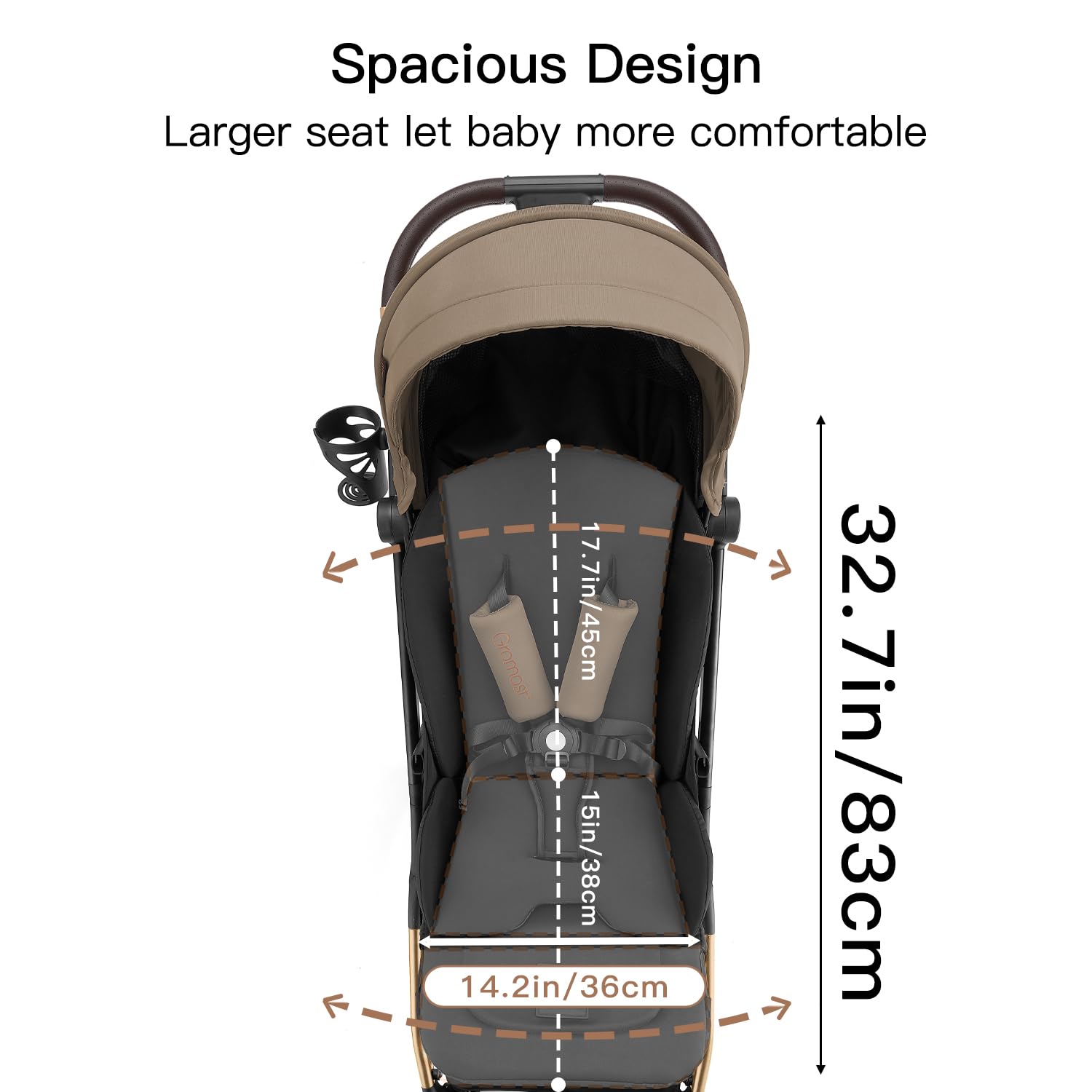Gromast Gravity Passeggino pieghevole da viaggio portatile con schienale regolabile e tettuccio parasole, leggero e protetto dai raggi UV, pieghevole con una sola mano, Golden