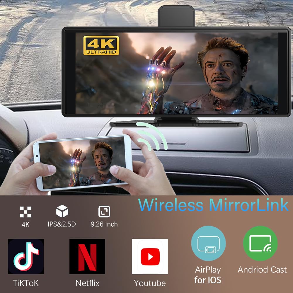 10.26" Wireless Carplay Screen 360 Rotation 4K Dash Cam Carplay & Android Auto Car Stereo Car Audio Receivers with 1080p Backup Camera GPS Navigation/Mirror Link/Voice Control/Siri - 5