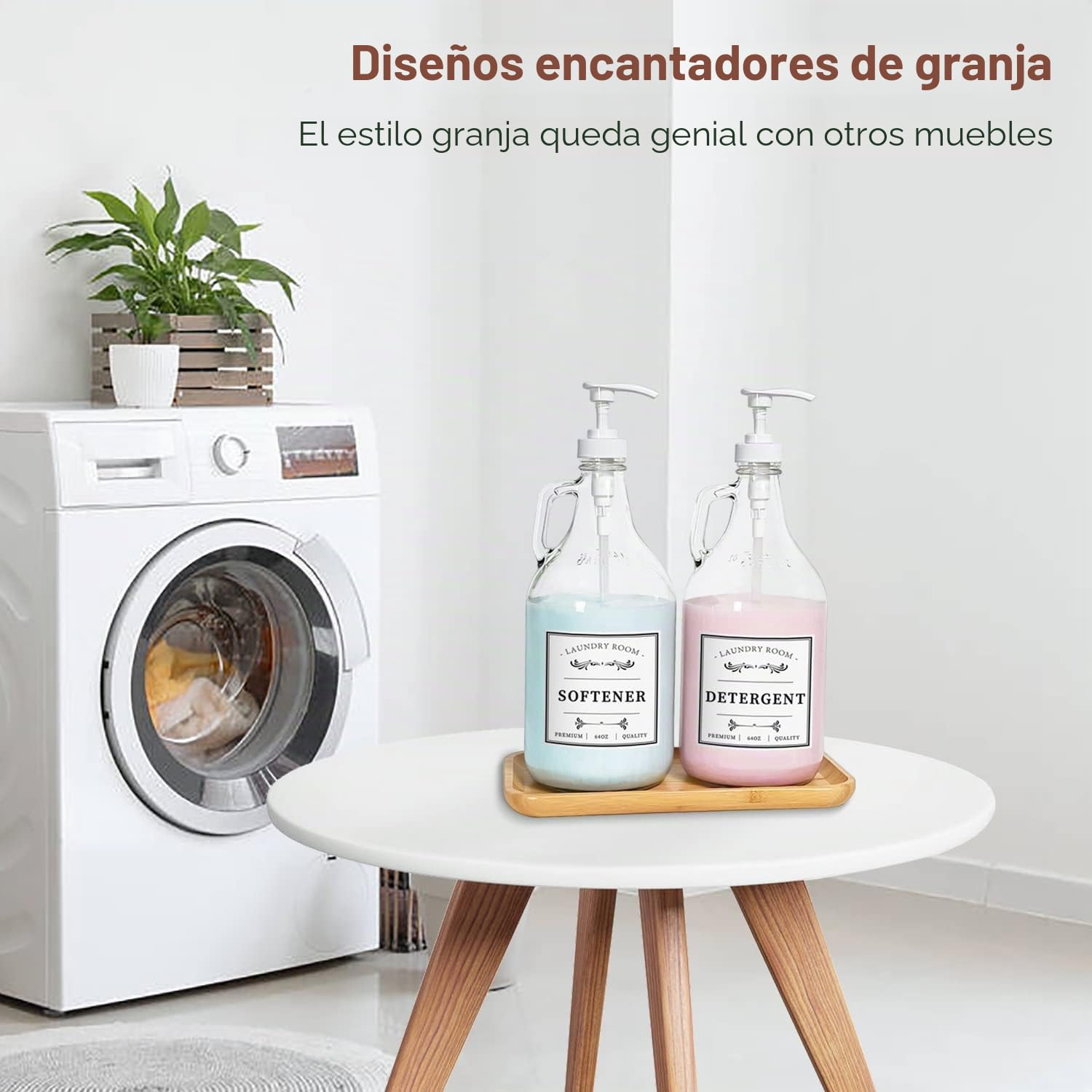 Dispensador de detergente de Vidrio para lavandería, dispensador de jabón líquido para lavandería, dispensador de blanqueador de 64 onzas para decoración de Granja, Incluye Bombas, Embudo,