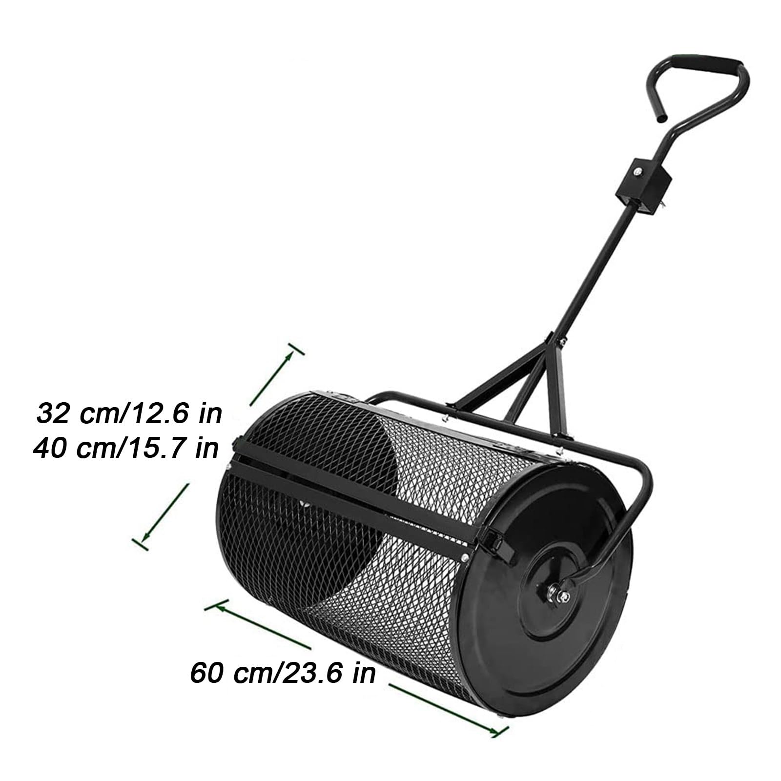 24 Calowy Rozrzutnik Kompostu, Rozrzutnik Rolkowy Mchu Torfowego, Nawóz do Trawników Ogrodowych, Rozsiewacz Nasion z Metalowym Koszem,Black-40 * 60cm