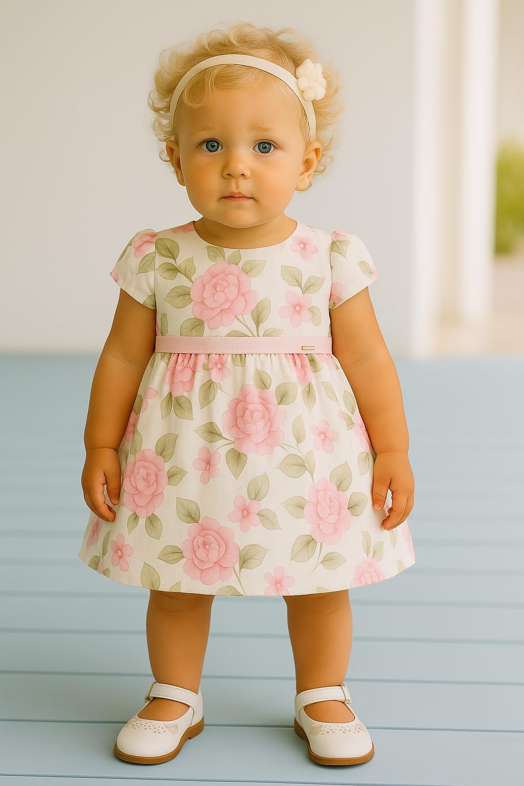 Generico Vestito Bebè Bambina Elegante Floreale – Modello 1907 – Abito Cerimonia Estivo con Fiocco, Maniche Corte e Gonna Svasata – Perfetto per Battesimi e Occasioni Speciali, 6 Mesi, Rosa