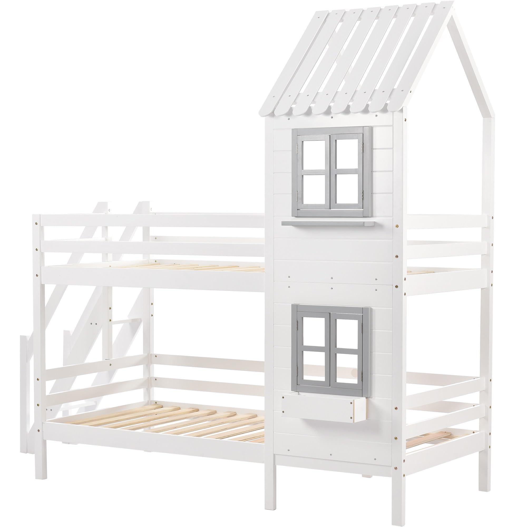 Baumhaus Kinderbett, Etagenbett mit Handlauf und Fenster, Hausbett, Kinderbett mit Fallschutz und Gitter, Rahmen aus Kiefer, Platzsparendes Design (90x200cm)