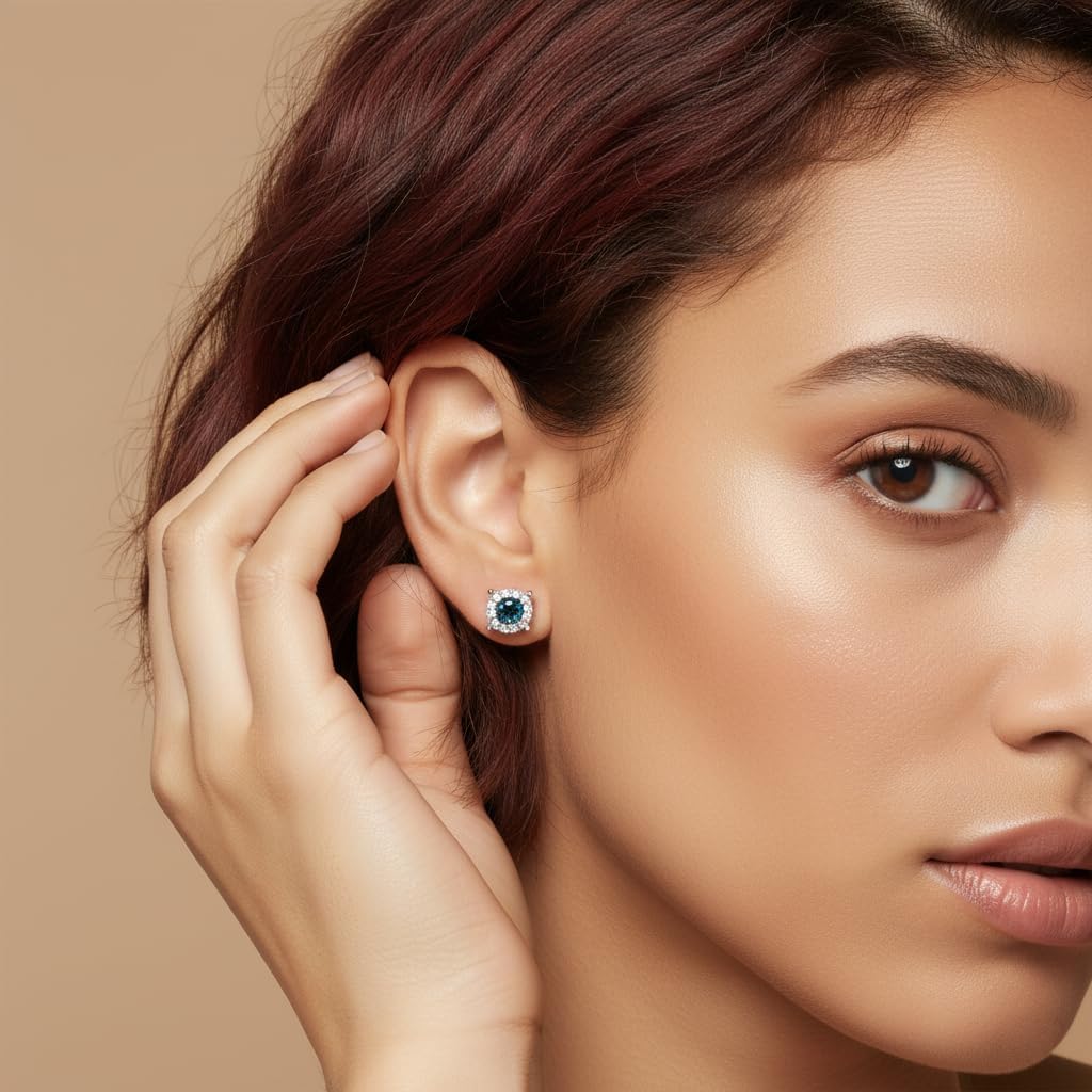 Jewelili Sterling Silver 1/4 Cttw Black or Blue and White Diamond Round Stud Earrings
