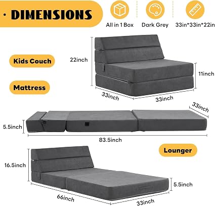 jela Sofa Bed Foldable Mattress Luxury Miss Fabric, Folding Sleeper Sofa Chair Bed Floor Mattress Floor Couch, Fold Out Couch Futon Mattress for Guest Room, Living Room (83"x33",Dark Gray) - Image 2