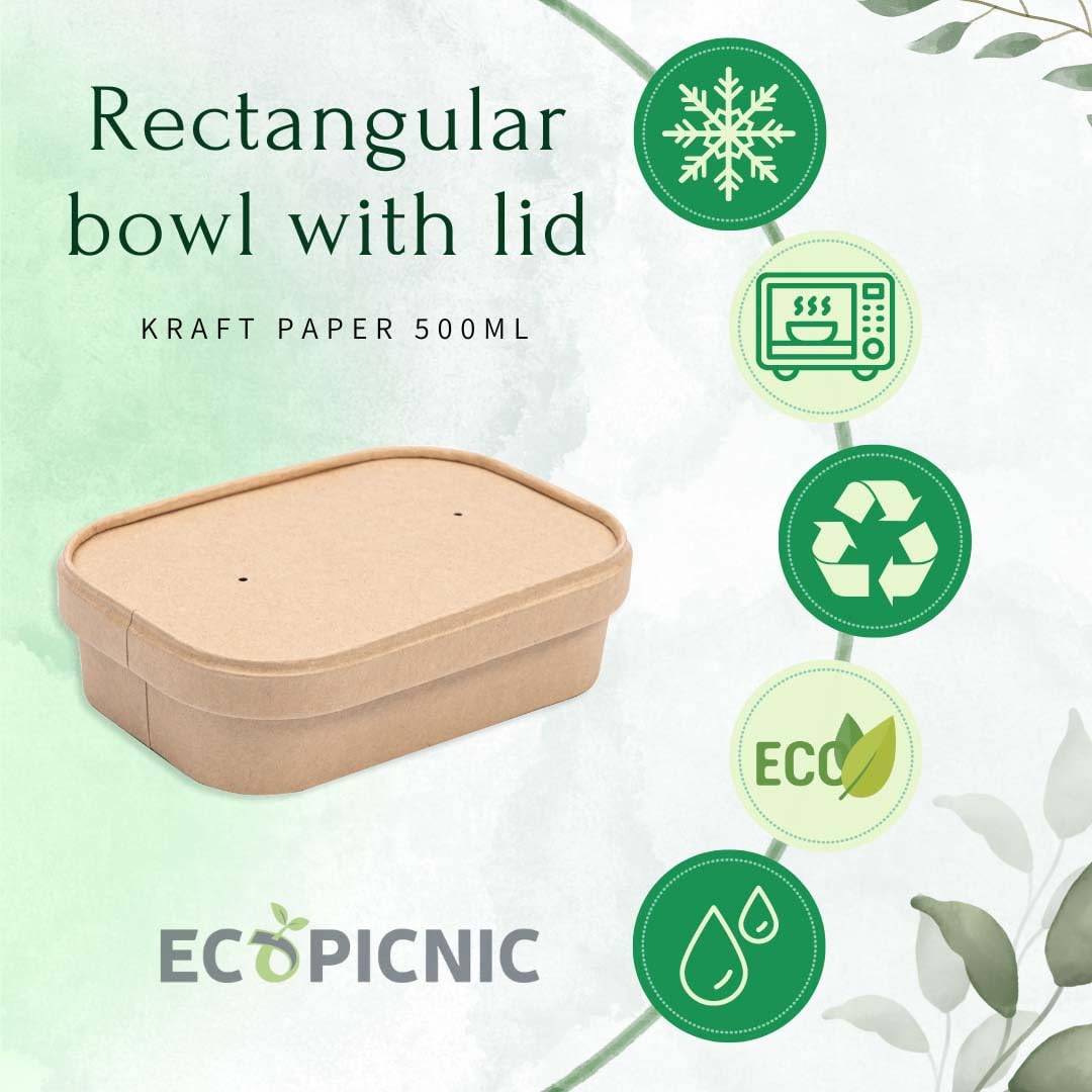 Ensaladera Rectangular de Papel Kraft con Tapa Kraft 50 Unidades 500 ml | Envases Desechables de cartón Kraft con Tapa, Ideales para ensaladas, Comidas para Llevar y Aperitivos