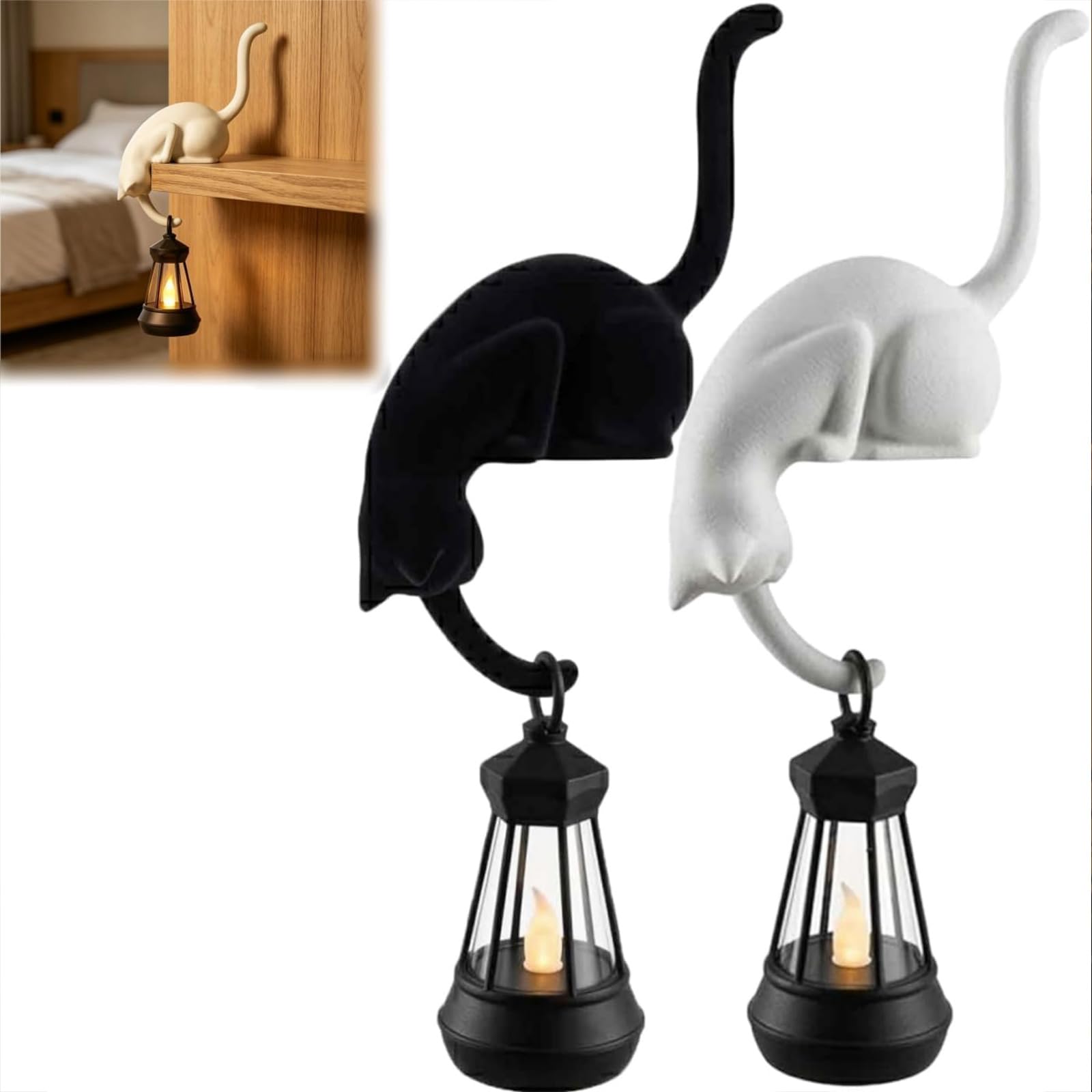 TASBER Cat with Lantern Shelf Decor, Bookshelf Lantern Cat, 3D Printed LED Hanging Cats Figurine, Retro Style Night Light for Porches Patios and Home, Antique Shelf Decor Led for Cats Lovers，2pcs