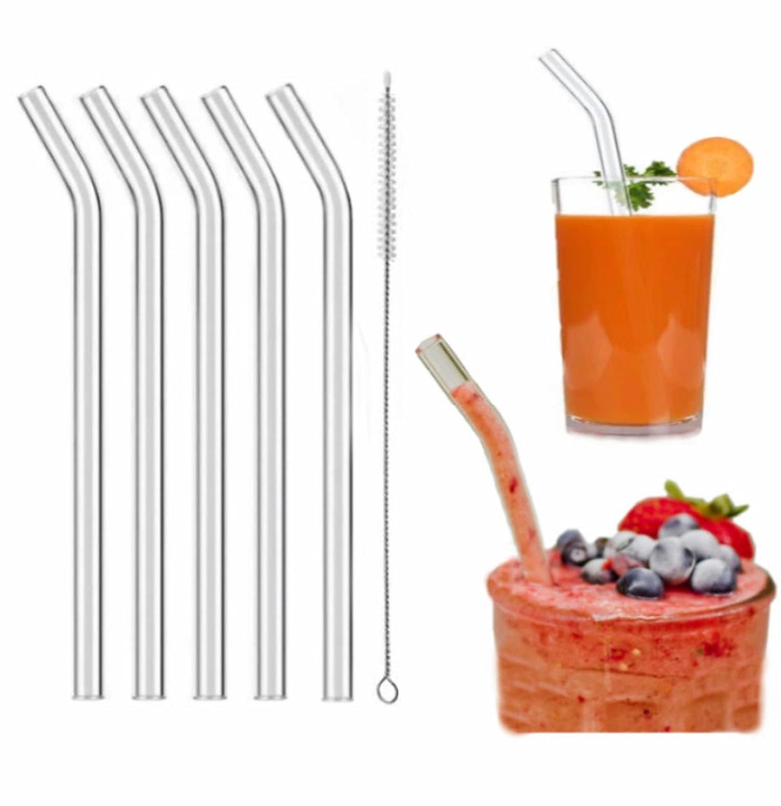 Sciencolab Glass Straw for Drinking, 210X8mm long, Clear Transparent Drinking Glass Straws for Cocktails, Mocktails, Smoothie, Milkshakes and Drinks, Pack of 5 with 1 Cleaning Brush