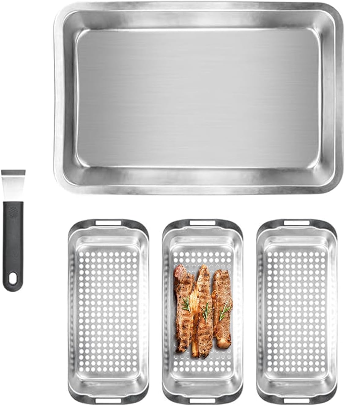 Grill Pans for Outdoor Grill-3 Grilling Baskets|Serving Tray| Clip-on Handle.BBQ Serving Platters with Holes for Grill Fish,Vegetable,Meat and Prep Food Veggie