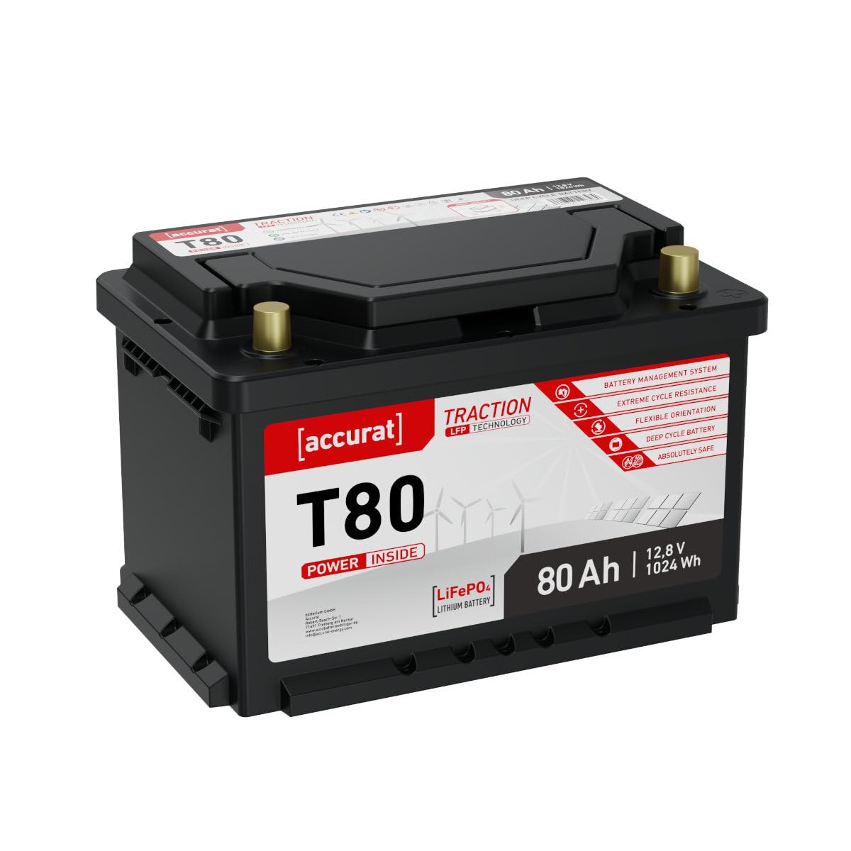 Accurat Traction T80 LiFePo4 Versorgungsbatterie, 80Ah, 12V, BMS, Camper | zyklenfest, flexibler Einbau, Deep Cycle Lithium Batterie für Camping, Wohnmobil, Wohnwagen, Boot, Marine, Solarbatterie