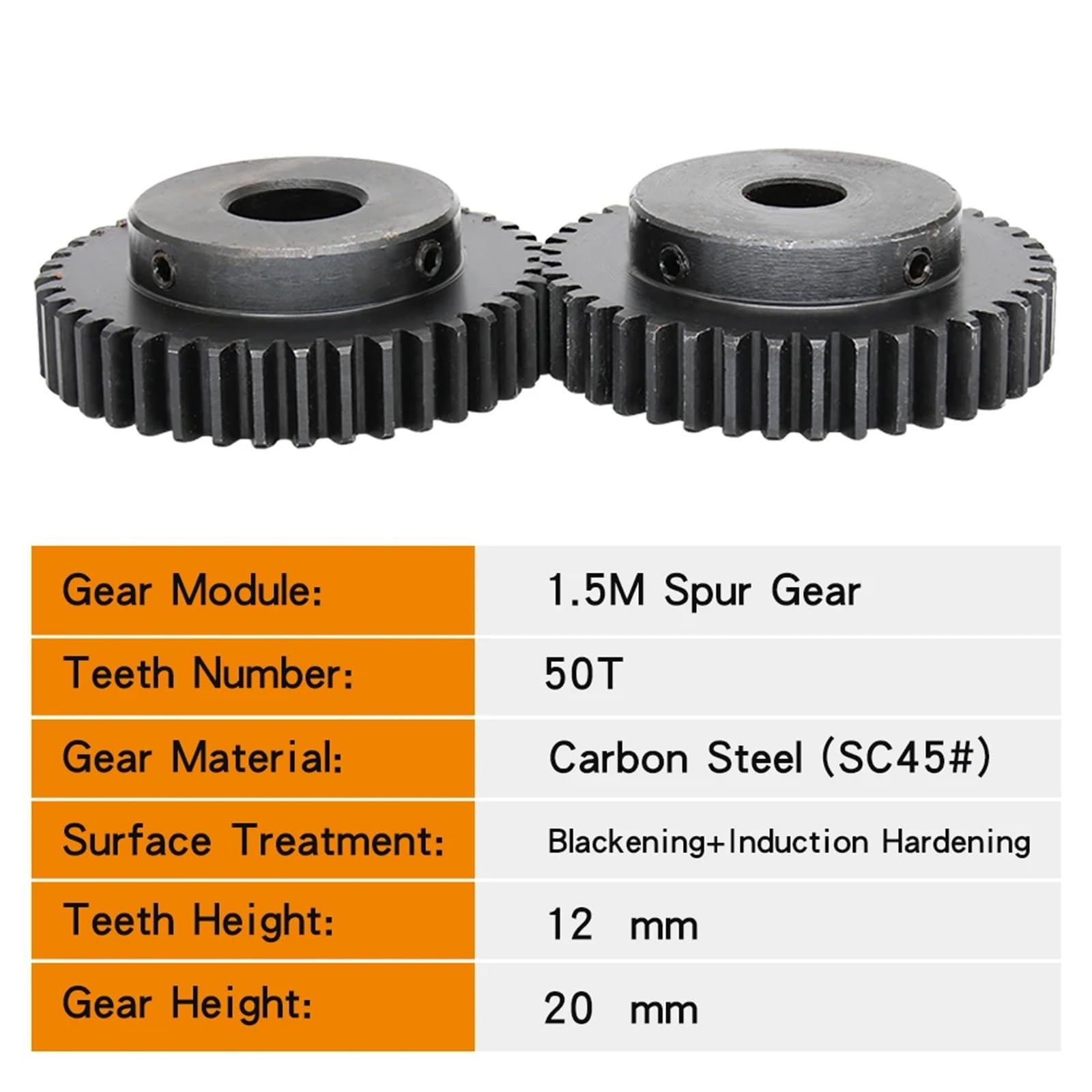 Engrenage 1,5M-50T, alésage 8/10/12/14/15/16/17/19/20/22/25 mm, épaisseur des dents 12, acier au carbone, 1 pièce(25 mm)
