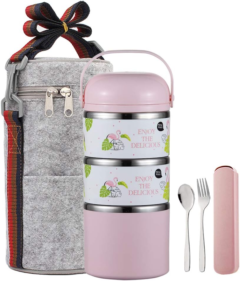 YBOBK HOME Cute Bento Lunch Box with Flatware Set Stackable Lunch Box Stainless Steel Lunch Box Leak Proof Bento Box Insulated Reusable Meal Prep Container for Kids and Adults (3-Layer, Pink)
