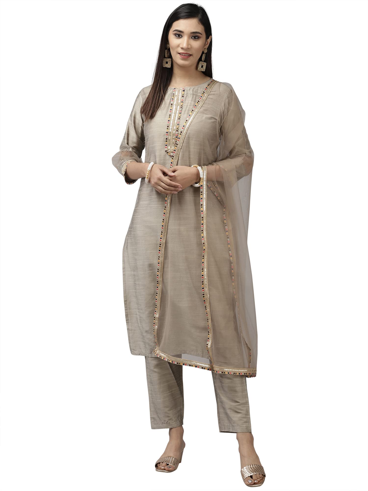 INDO ERAWomen's Chanderi Silk Solid Straight Calf Length Kurta Trouser With Dupatta Set(KH9GY4161)
