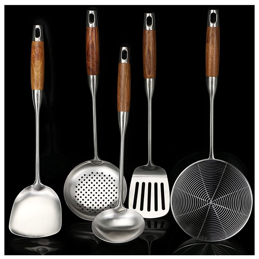 MYUYEE Kitchen Utensils Set,Wooden Handle Stainless Spatula Soup Spoon Shovel Thickened Anti-Scalding Rice Spoon Frying Shovel Kitchenware Set