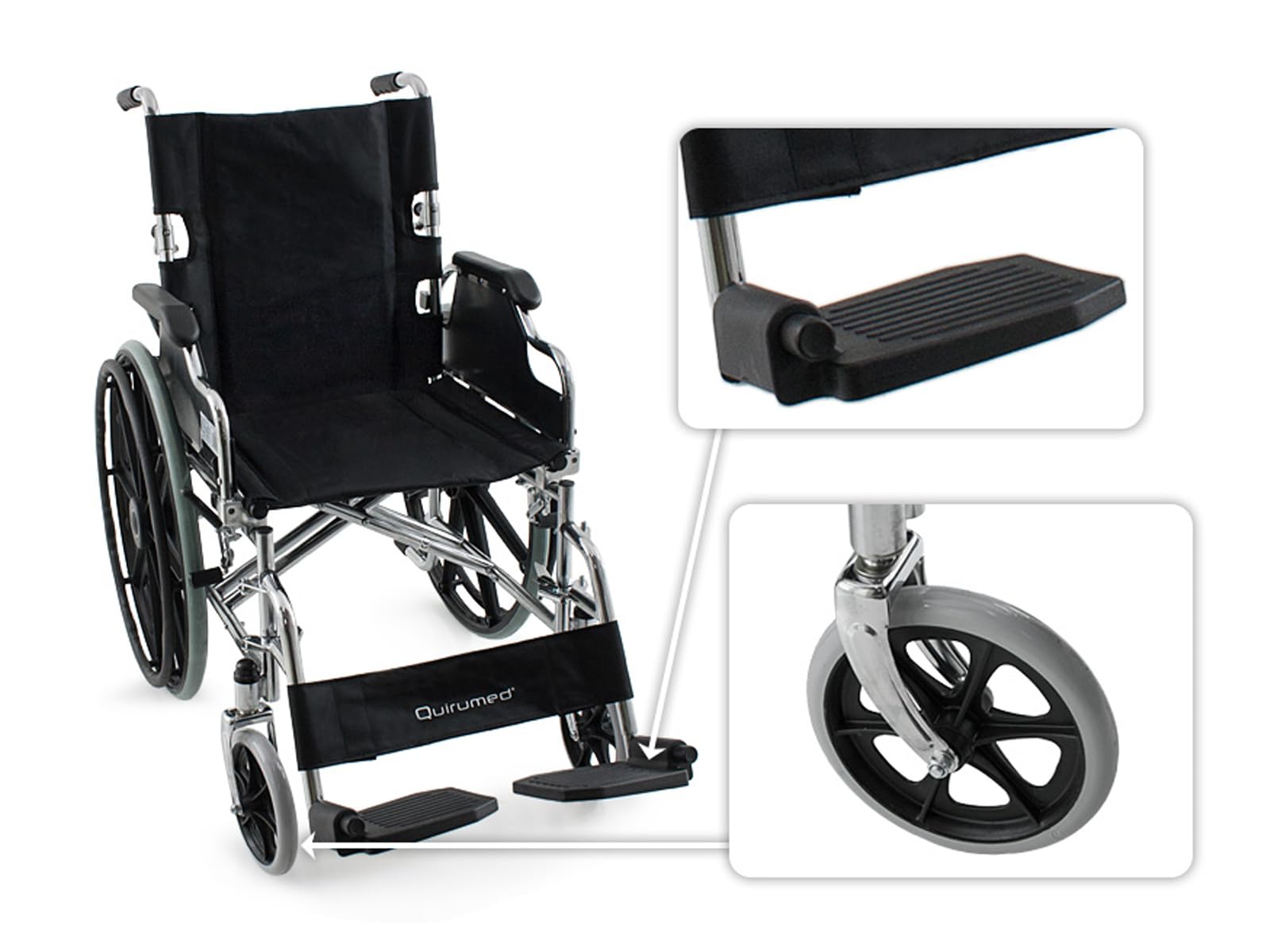 Silla de Ruedas Plegable PRO de Acero Cromado | Reposabrazos Abatibles y Reposapiés Desmontables | Respaldo Plegable | Frenos Manuales | Hasta 125 kg