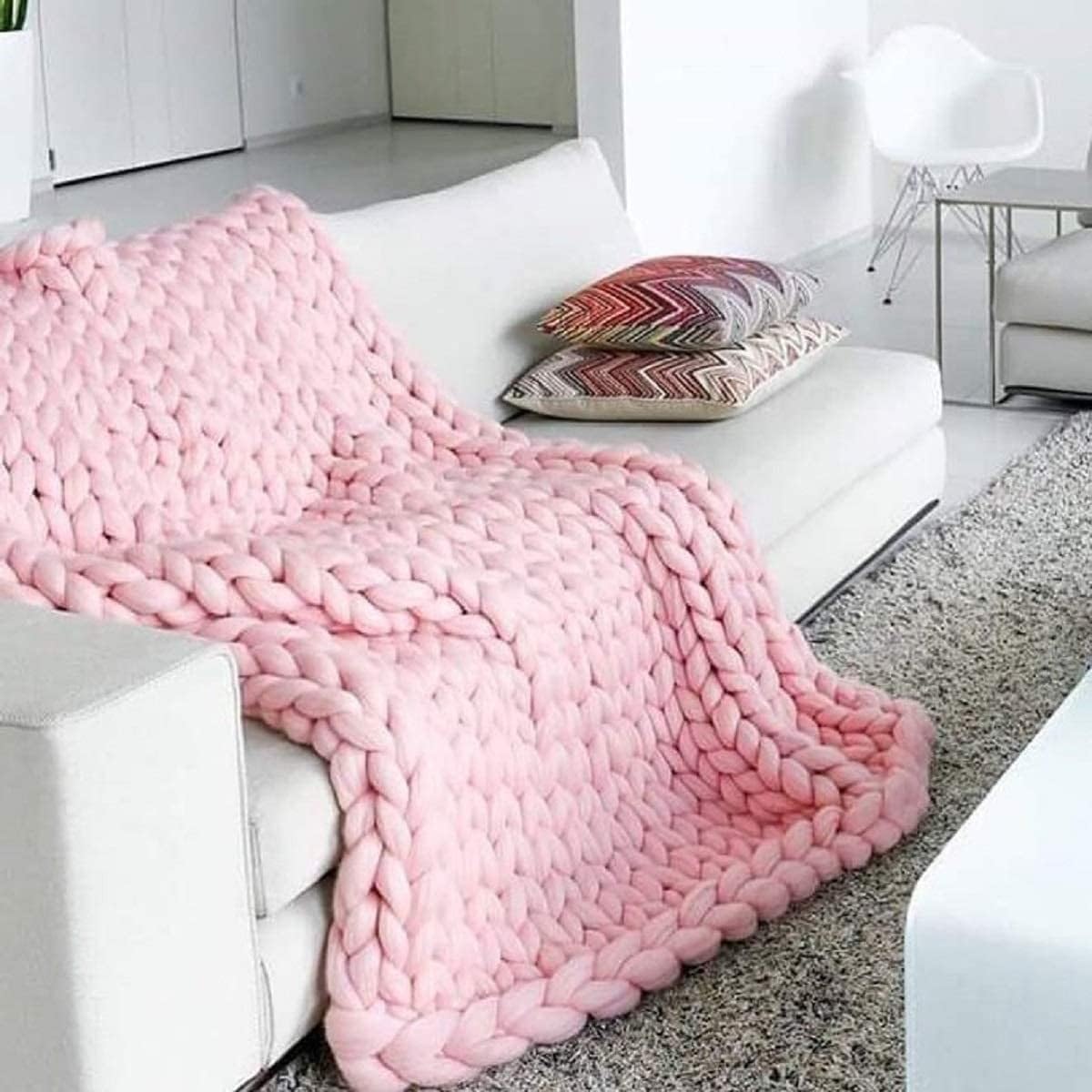 Care Spring Chunky Knit Blanket, Merino Wool Blend Giant Yarn Knitted Throw, Handmade Soft Crochet Throw Blankets Home Décor for Couch Sofa Bed,Pink,100 * 150cm