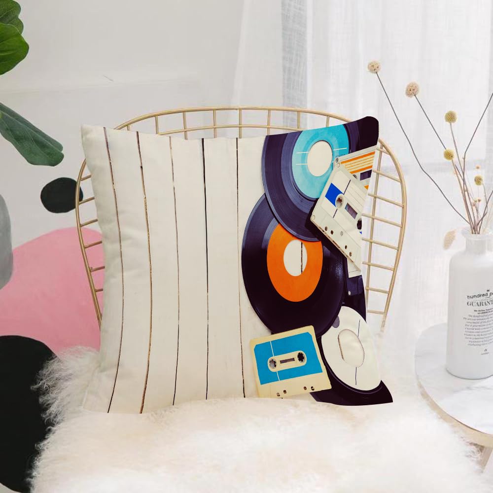 HYOSXW Cushion Cover,Throw Pillow Case Home Decorative for Living Room Bedroom Sofa Chair 16X16 Inch,Indie, Vinyl Records and Old Audio Cassettes on Wooden Table Nostalgia Music, B,Pillowcase 40X40cm