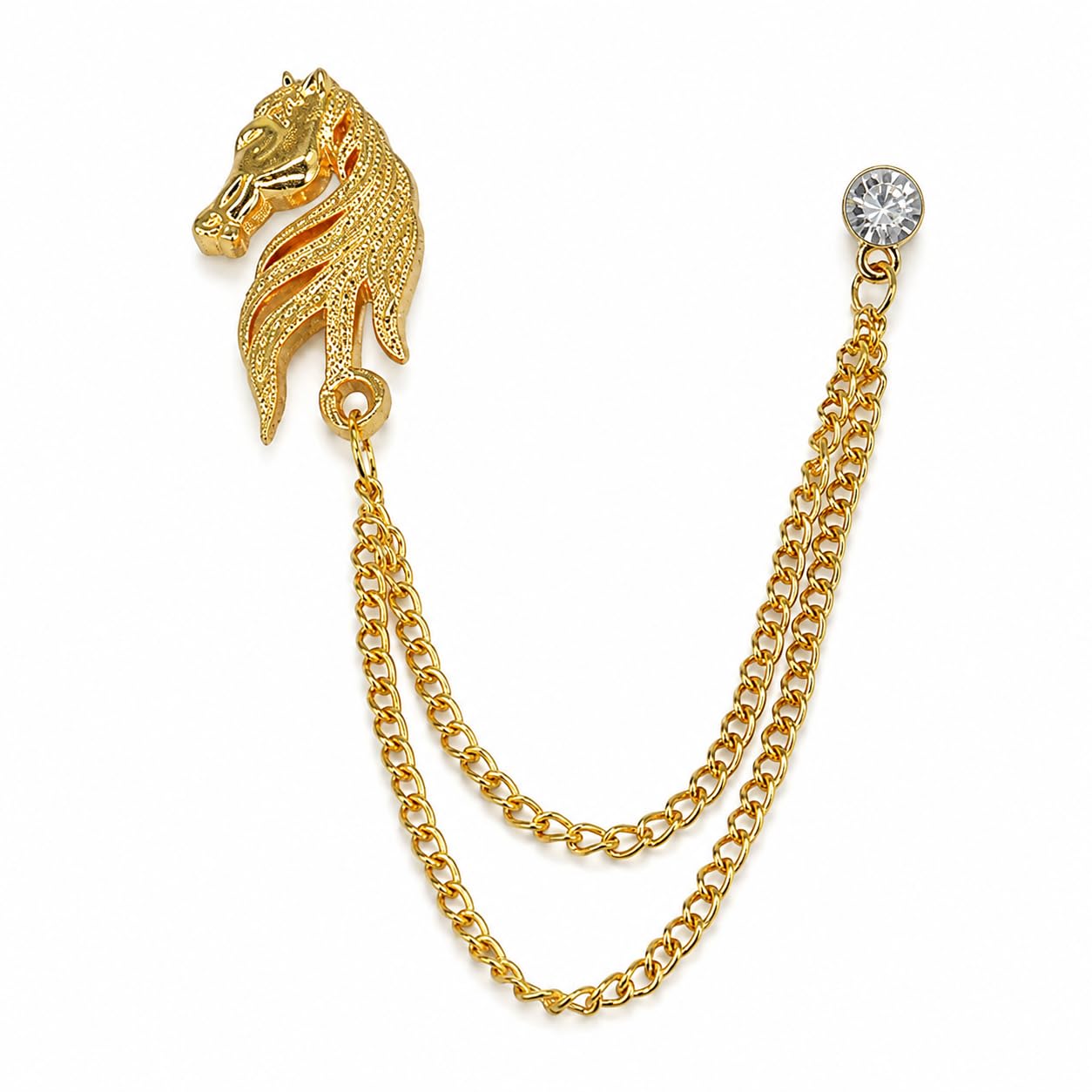 Gold Tone Metal Rhinestone Fantasy Horse Head Hanging chain Label pin Gold Alloy Brass Crystal Brooch For Men And Women-image-2