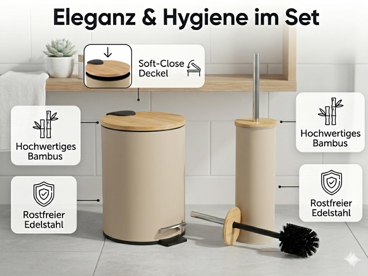 Badaccessoire-Set 2-teilig – Toilettenbürste & Kosmetikeimer mit Absenkautomatik für Bad & Gäste – Mattes Design & Bambusdeckel – Soft-Close-Technologie (Taupe)