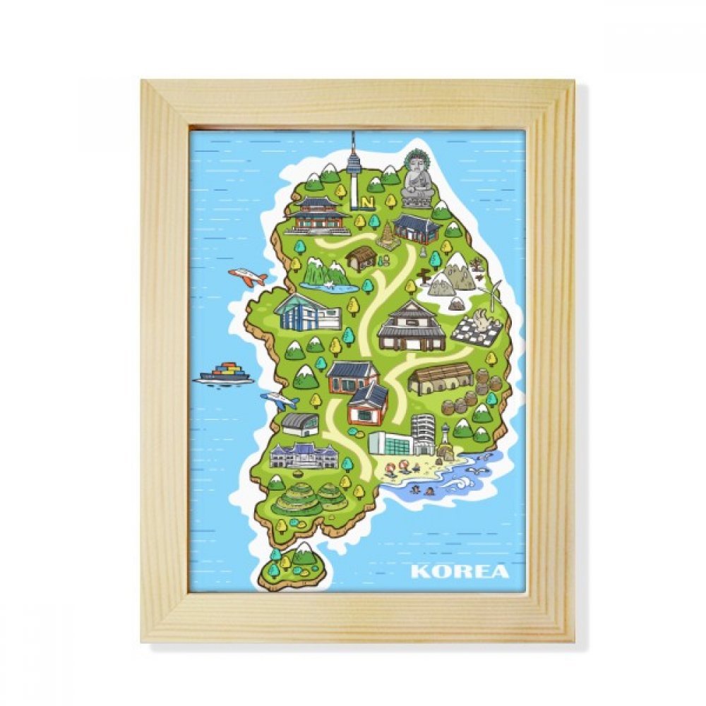 Mapa de Corea ilustrado marco de madera 6x8 pintura artística monumentos históricos