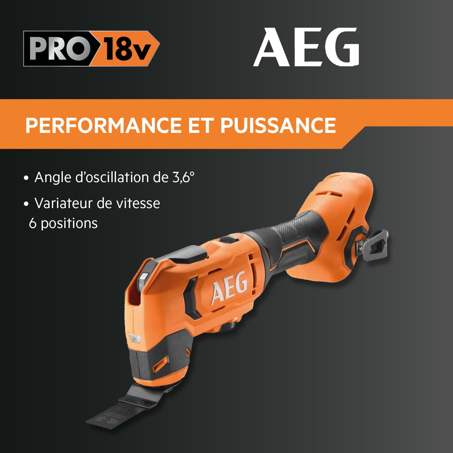 AEG - Outil Multifonction Multitool - Sans Fil - Découpe de Matière, Ponçage, Polissage, Sciage, Fraisage, Décapage, Raclage - 6 Vitesses - Poignée Softgrip - Batterie Pro18V - BMT18-0