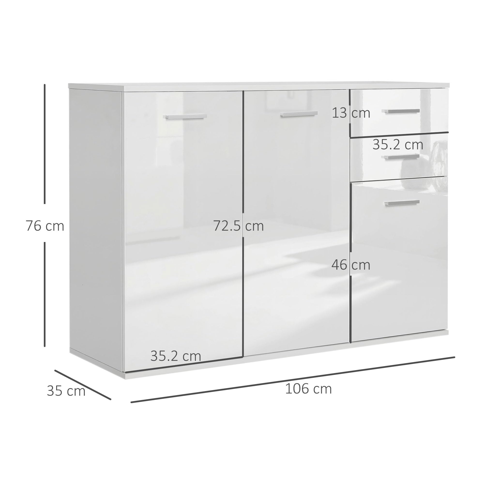 HOMCOM Armadietto da Ufficio 3 Armadietti 2 Cassetti Legno 106x35x76cm Bianco