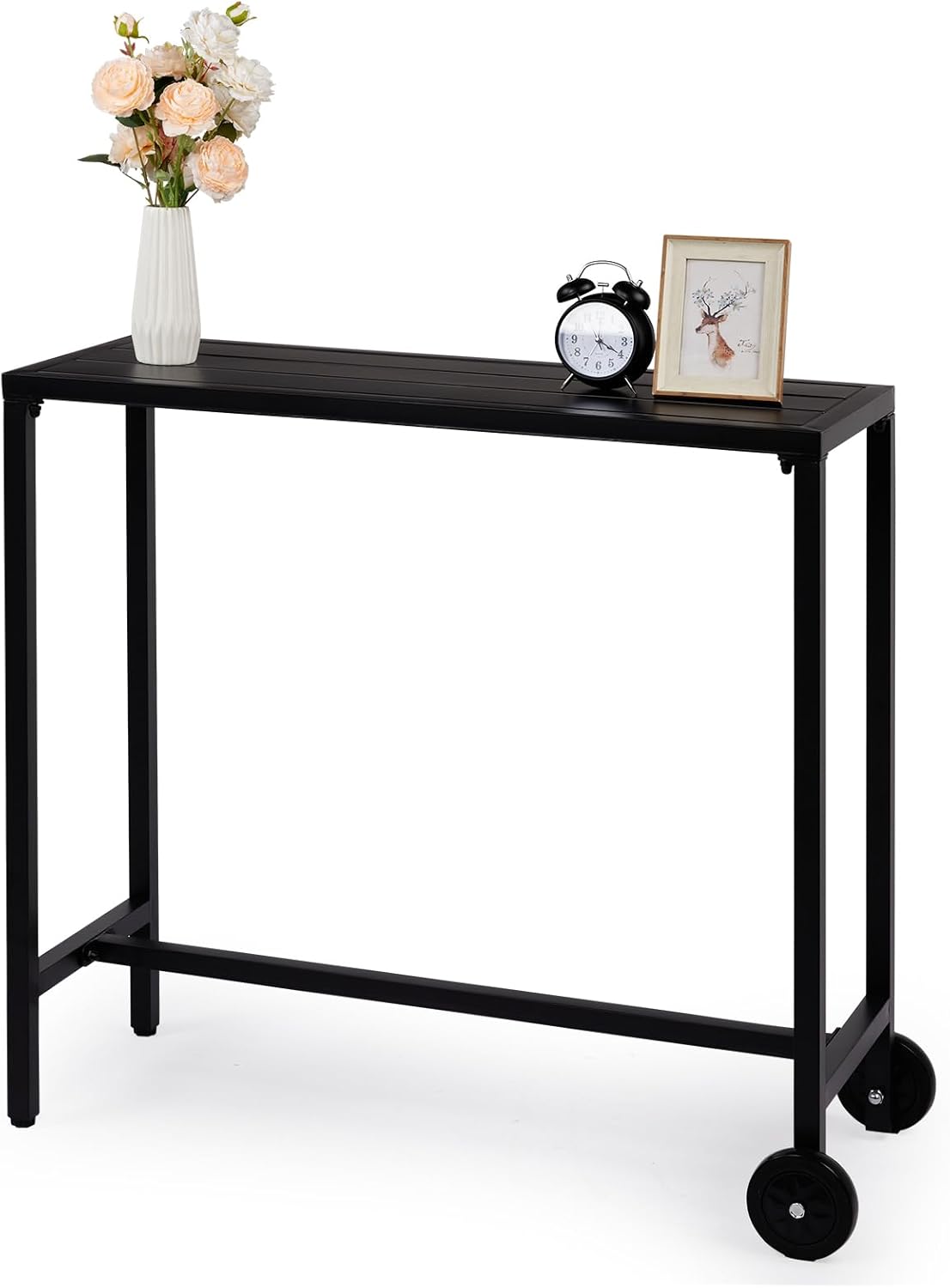 40" Outdoor Bar Table with Wheels, Rectangle Narrow Counter Height Table, for Balcony Patio Garden Yard Poolside, Black