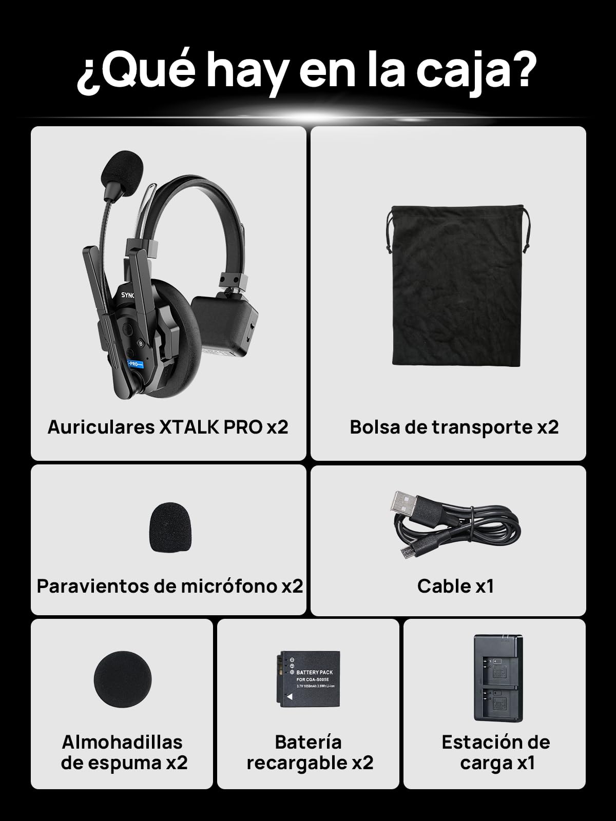 SYNCO Auriculares de Intercomunicación Inalámbricos, XTALK XPRO2 2.4GHz 24H 500M Auriculares Sistema de Comunicación Dúplex Completo para 2 Personas