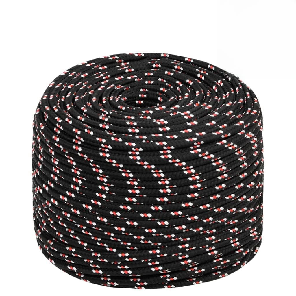 Cuerda de polipropileno negro de 10 mm de grosor, 25 m de longitud, 43 g por m, 645 kg de resistencia a la rotura, resistente a la intemperie para vela, barco, camping, fijación y seguridad