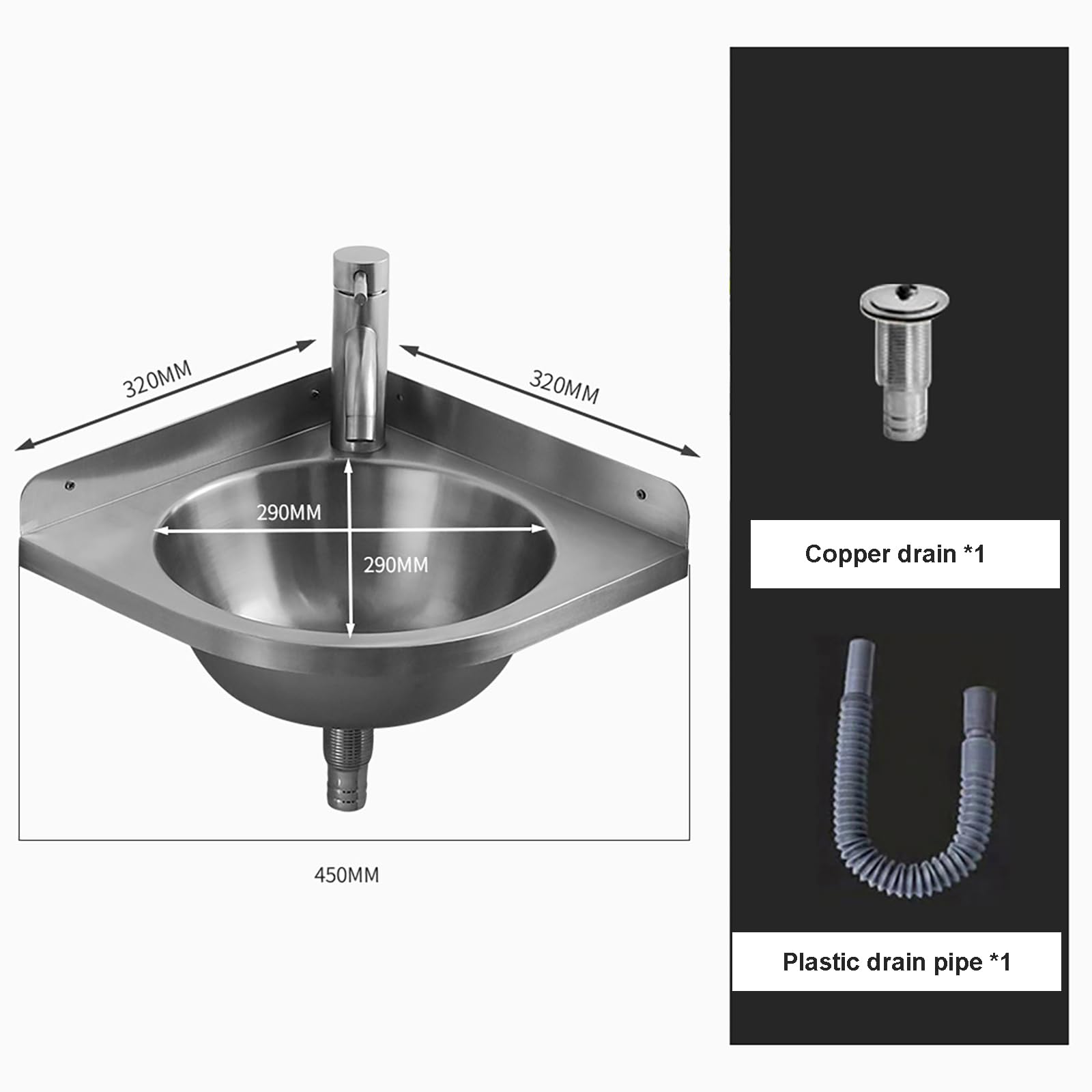 Lavello angolare in acciaio inox 304 da parete, lavello da cucina triangolare, mini lavabo, per camper, roulotte, barca