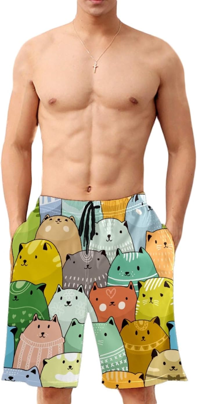 Mens Swim Trunks Colorful Funny Cat Cartoon Swim Trunks