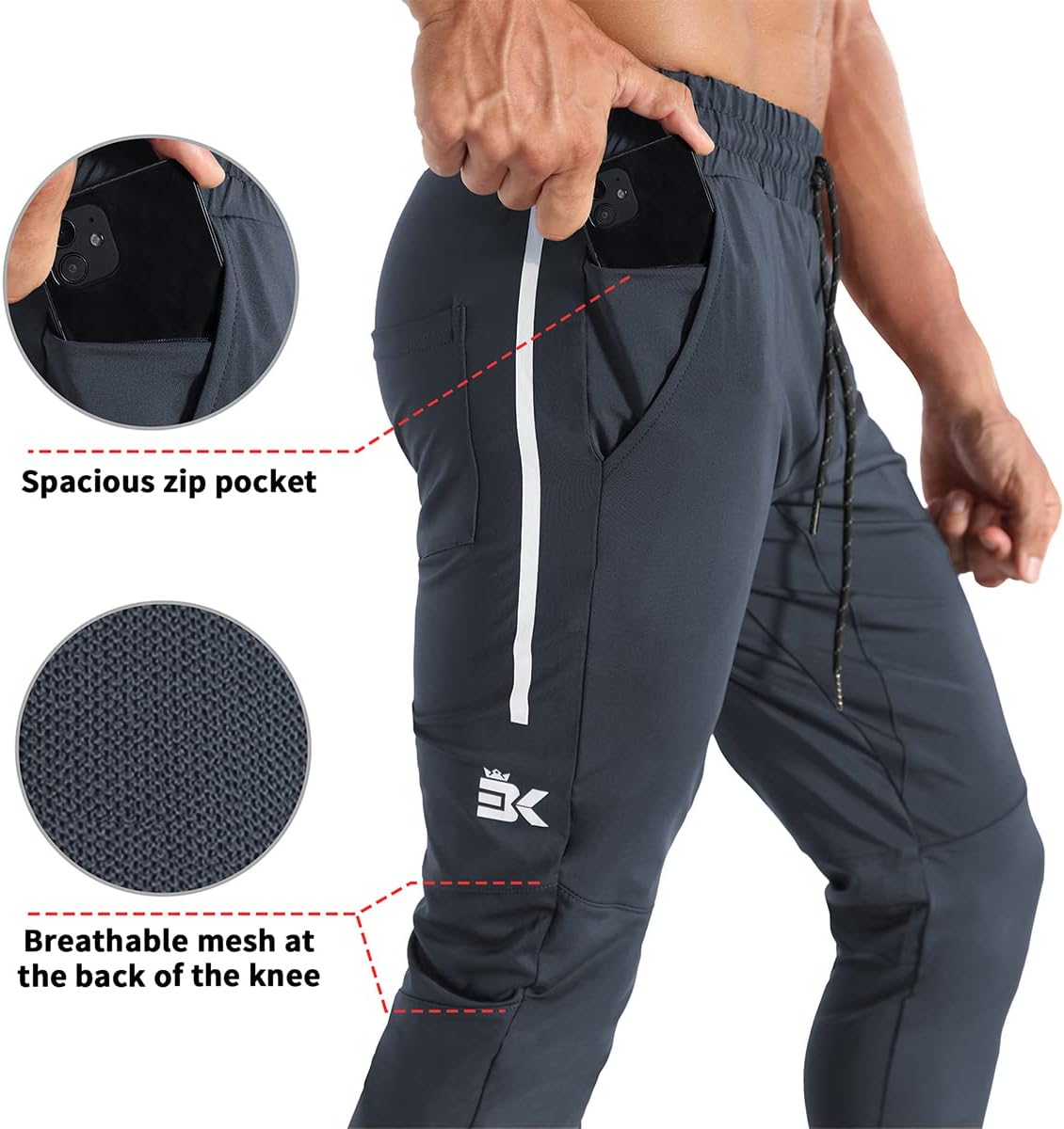 BROKIG Men's Lightweight Athletic Gym Jogger Pants, Stretch Quick Dry Workout Running Sweat Pants with Zipper Pockets - Image 4