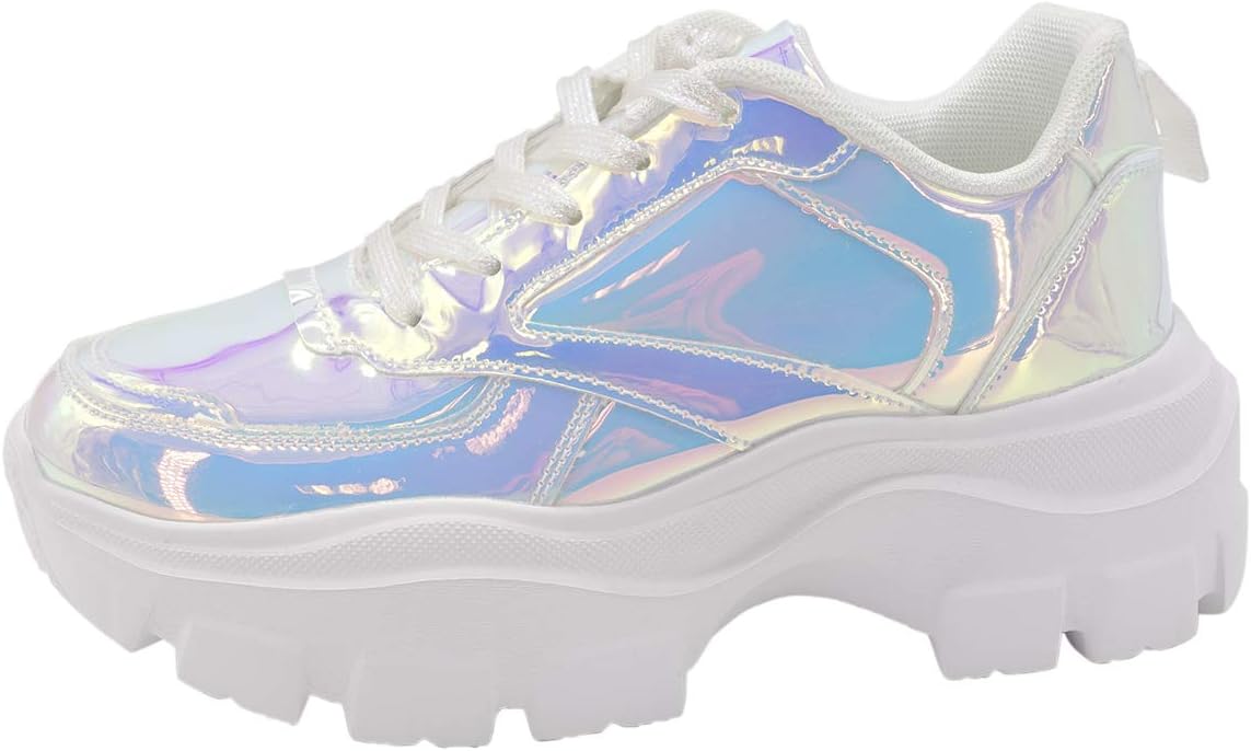 Women Chunky Platform Dad Colorblock White Neon Green Fuchsia Hologram Silver Casual Lace-Up Walking Sneakers