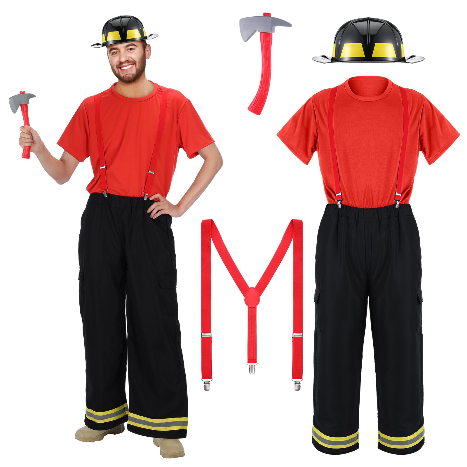 Hicarer Feuerwehrmann-Kostüm für Herren, Feuerwehrmann, Helm, Axt, T-Shirt, Hose mit angenähten Hosenträgern, Halloween, Cosplay, Outfit, 5-teilig