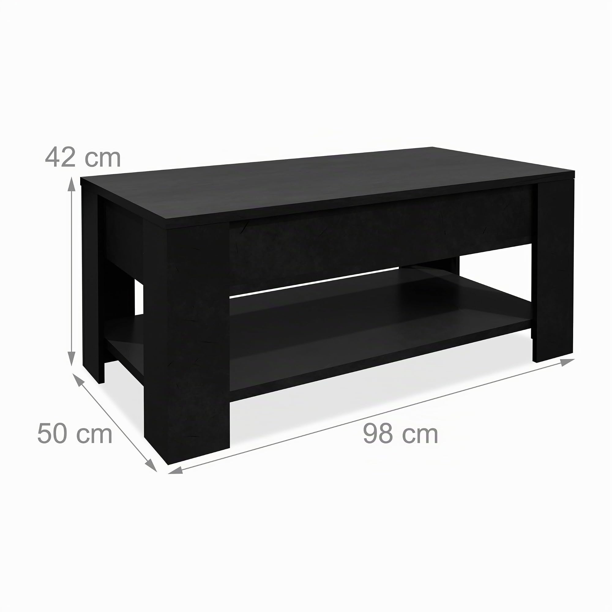 Relaxdays Mesa de Centro Elevable, Mesita Sofá con Almacenaje y Balda, Mesilla Salón, 42x98x50 cm, Negro