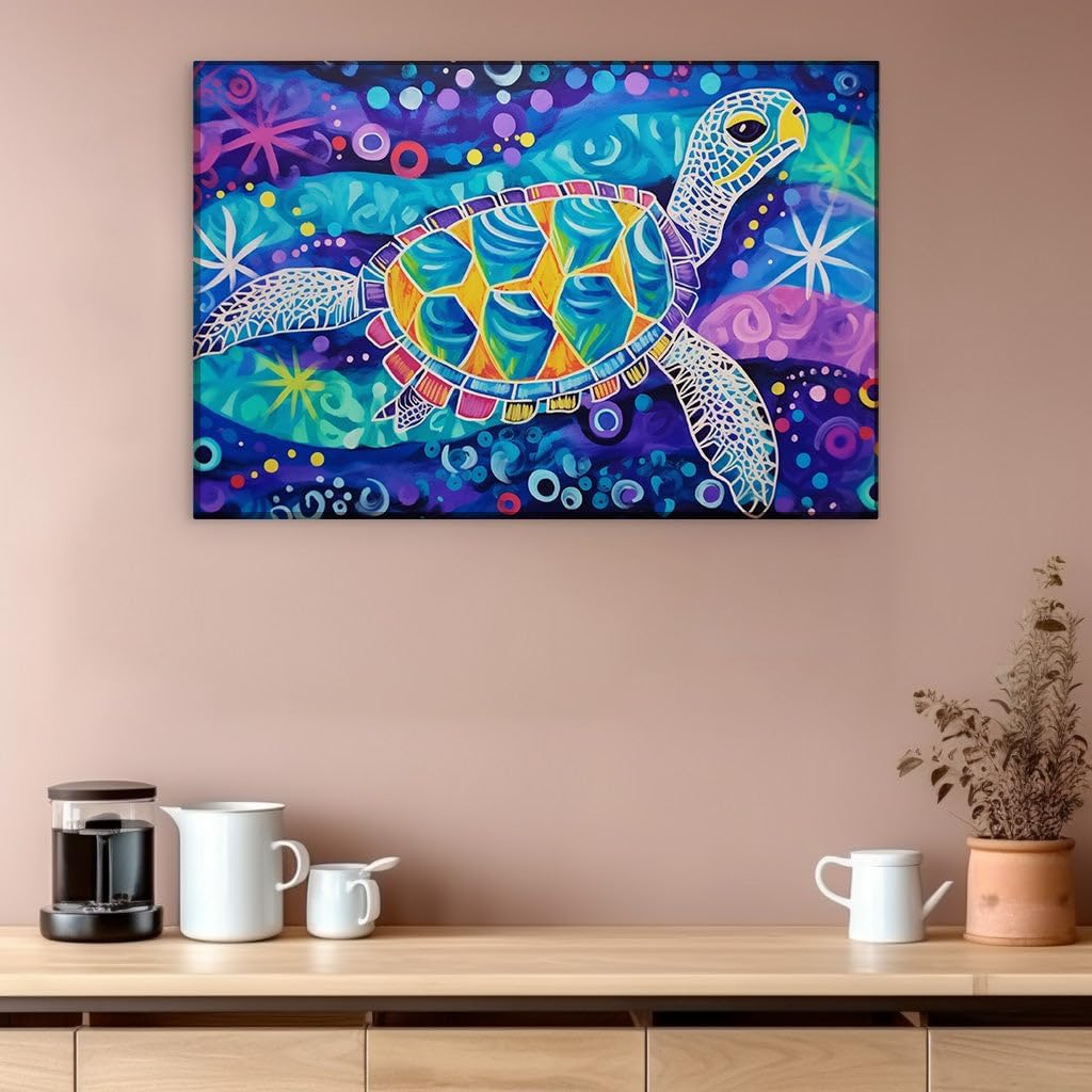 Canvas for Living room. Swimming Through a Starry Sea: The Lively Journey of a Colorful Sea Turtle, 27 x 18 inch Canvas Wall Art - Contemporary Masterpieces - Modern Home Decor - 69x46 cm (27x18 inch)