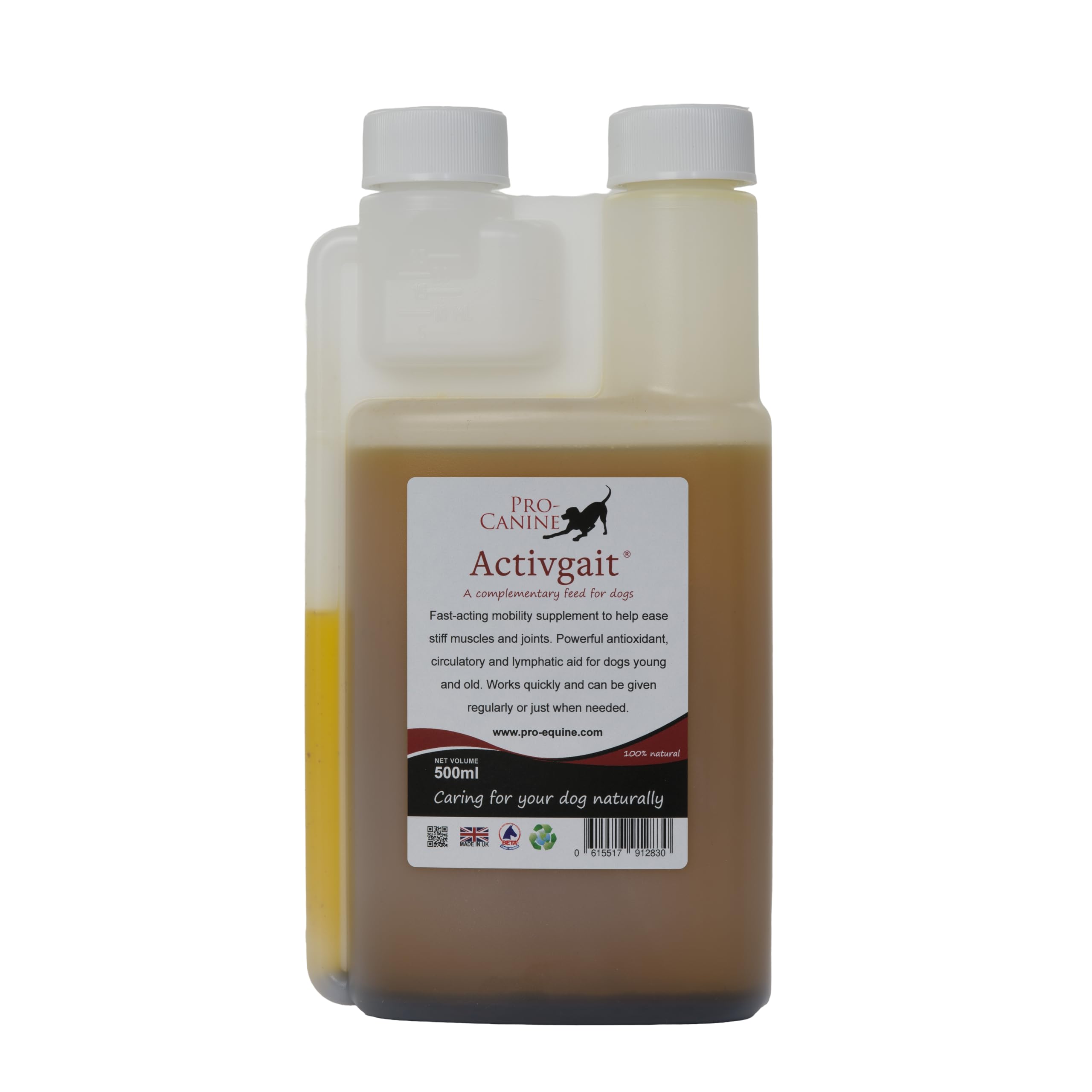 Pro-Canine Activgait 500ml, Senior Dog Joint Care, an omega rich fast acting Herbal Supplement for stiff joints. Approx 100 days supply.
