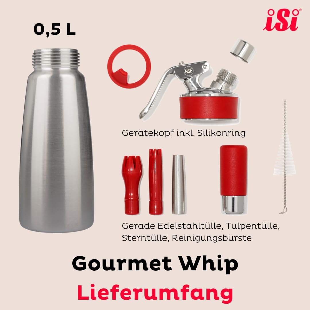 ISI Sahnespender 500ml, Gourmet Whip Plus, 0.5 Liter, aus hochwertigem Edelstahl, Betrieb Sahnekapseln, für Sahne, warme und kalte Saucen, Suppen, Espumas und Desserts