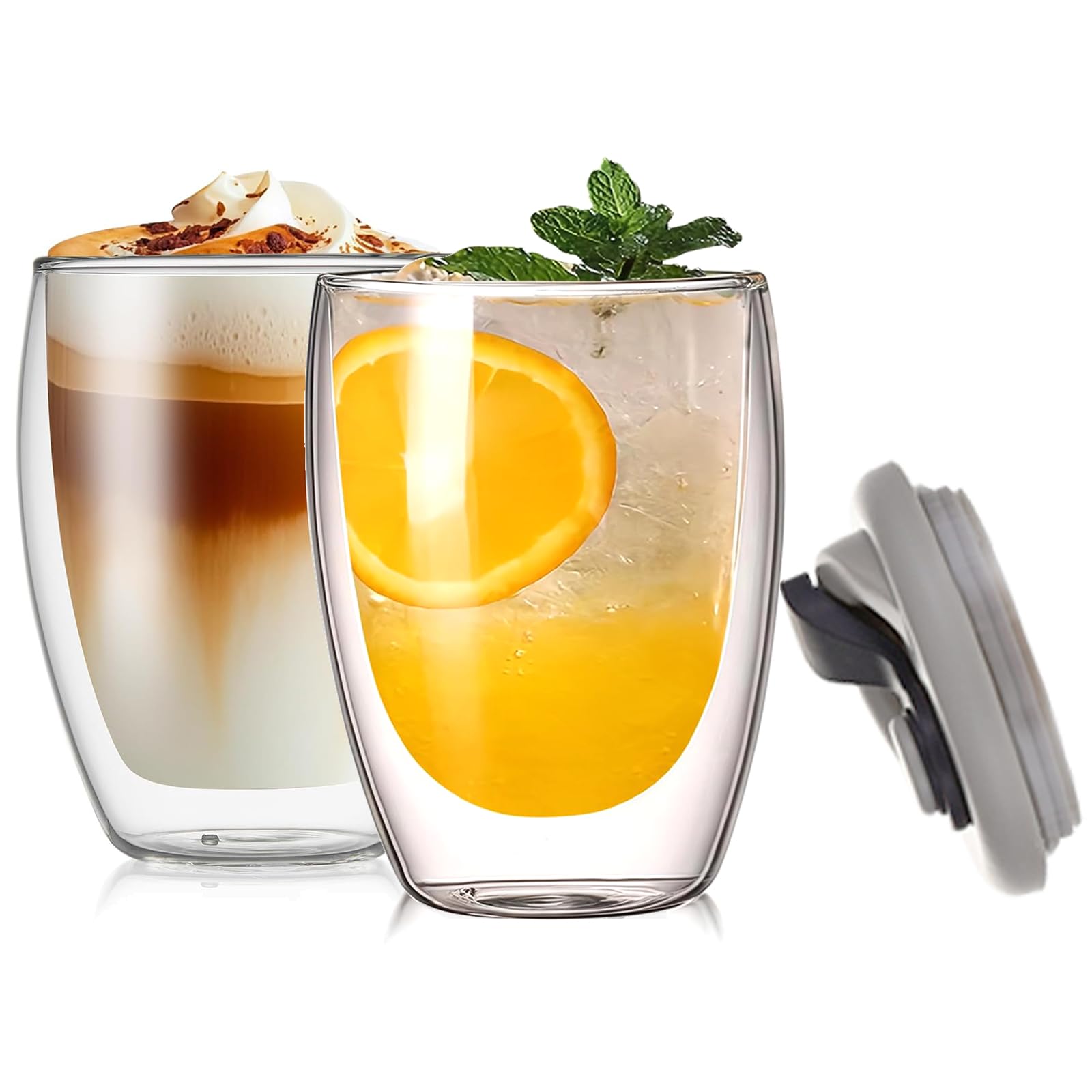 Guokanfly 350ML Double Walled Glass Coffee Mugs, Set of 2 Glass Mugs, Insulated for Heat and Cold, Clear Glass Coffee Cups with Lid for Latte Cappuccino Tea Milk Juice (with lid)