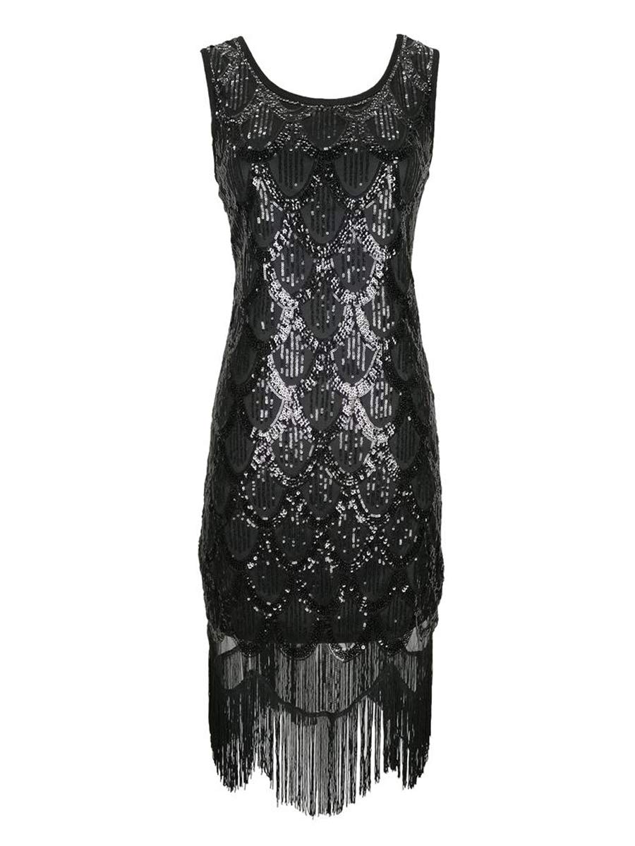 GrouptapGrouptap 1920s black gatsby flapper art deco sequin sparkly fancy dress for 1920 women paisley vintage cocktail party (Black, UK 12)