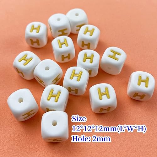 Miniatura 3 de Cuentas de letras de silicona, 15 cuentas de silicona del alfabeto de 0.472in, cuentas cuadradas del alfabeto, letras doradas a granel, cuentas de
